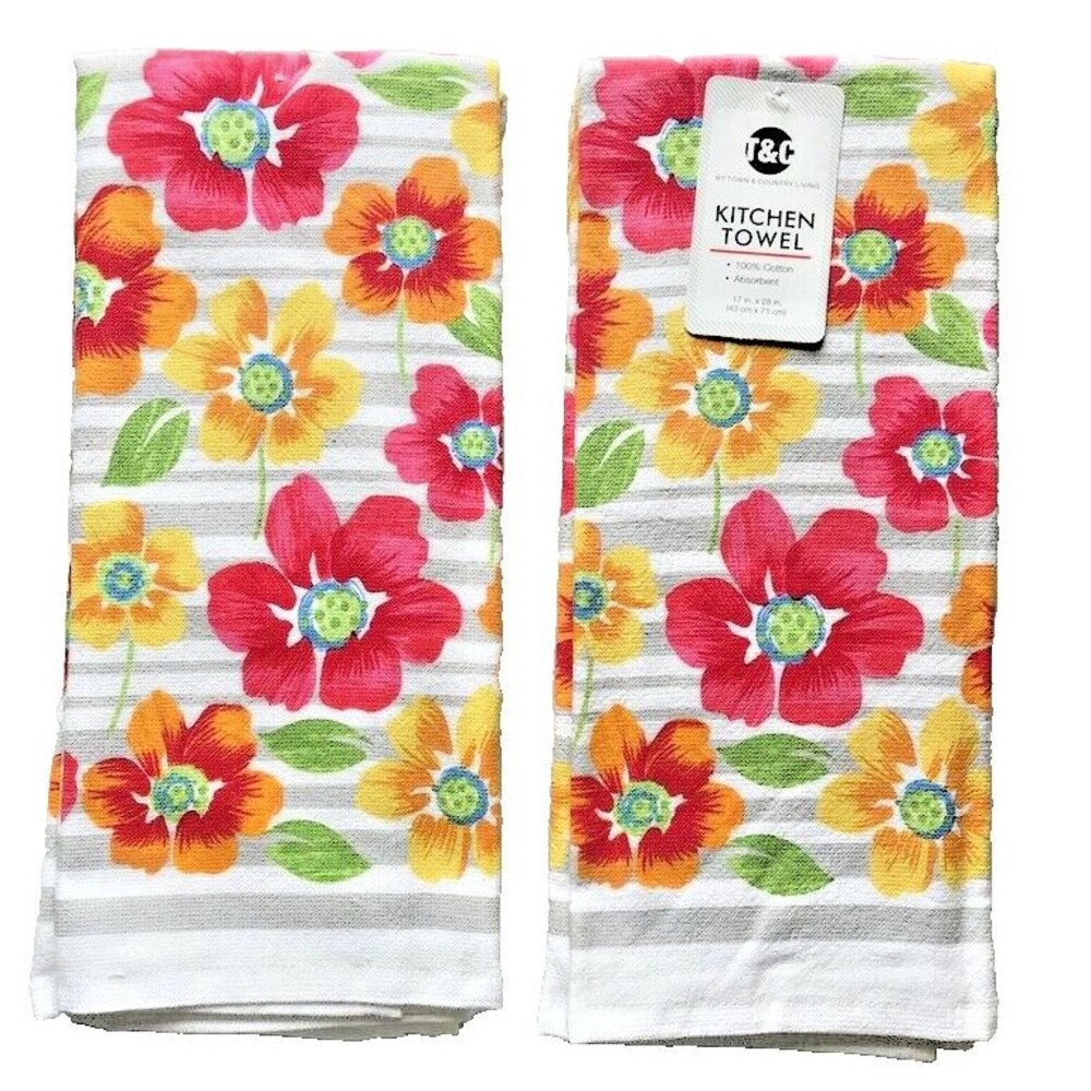 Town & Country Floral Set of 2 Kitchen Dish Towels 17x28 Absorbent 100% Cotton